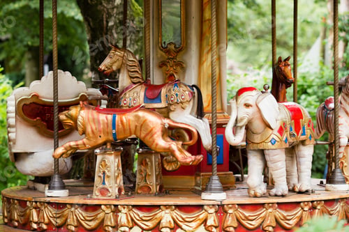 Preview: Carousel In A Holiday Park. Old Vintage Animals.