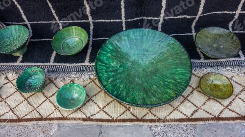 Preview: Moroccan Crafts. Ceramic Dishes On Carpet.