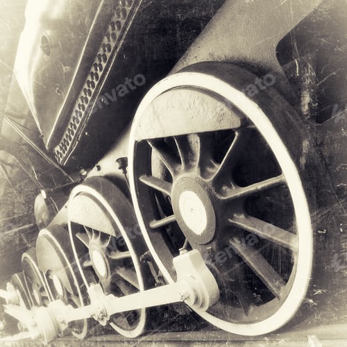 Preview: Steam Locomotive Wheels Close Up In Retro Black And White Design, Vintage Stylized
