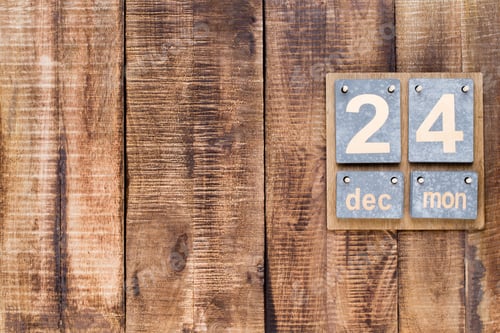 Preview: Christmas Greeting Card. Festive Decoration On Wooden Background. New Year Concept. Copy Space