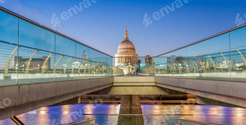 Preview: Moving People Alonf Millennium Bridge In London. Night View Of St Paul Cathedral.