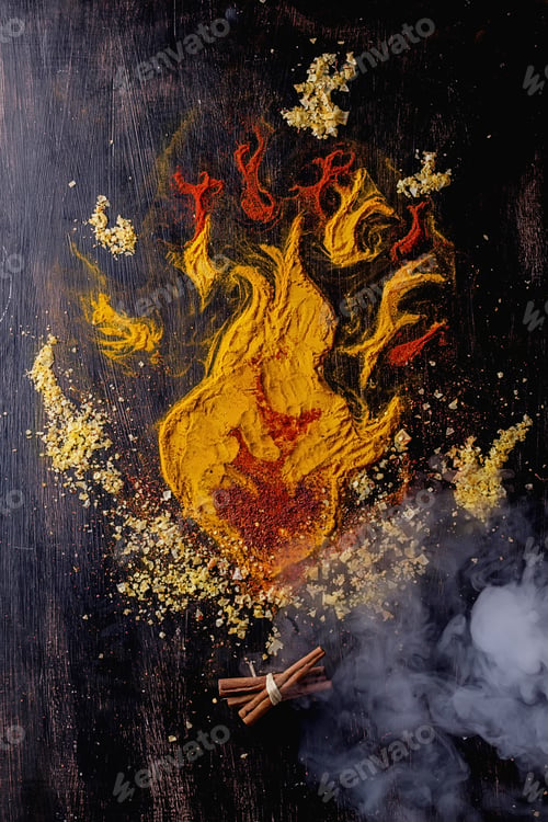 Preview: Variety Of Spices Shaped As Flames Of Fire With Smoke Over A Rustic Wooden Board, Top View