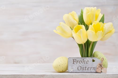 Preview: Yellow Tulips, Spring Flowers And Easter Decoration.