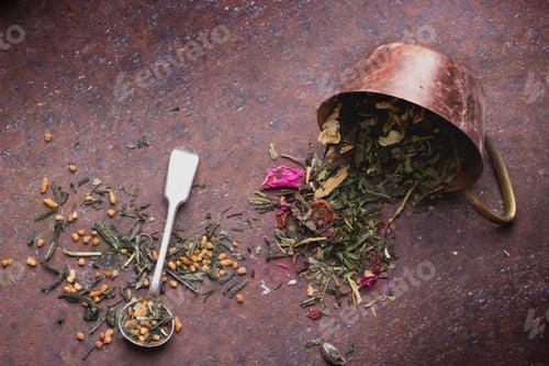 Preview: Green Tea And Roiboos Tea In Two Vintage Chinese Bowls On A Vintage Background, Selective Focus