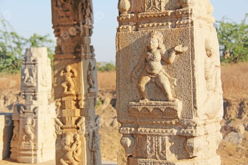 Preview: Stone Bas-Reliefs On The Column In Hazara Rama Temples Hampi. Carving Stone Ancient Background