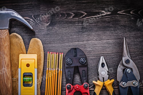Preview: Composition Of Construction Tools On Wooden Board.