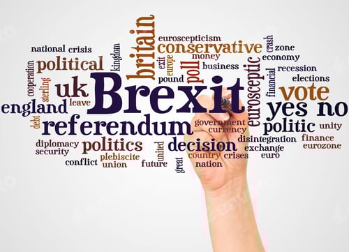 Preview: Brexit Word Cloud And Hand With Marker Concept On White Background.