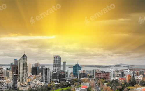 Preview: Auckland, New Zealand. Aerial View At Sunset.
