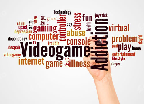 Preview: Videogame Addiction Word Cloud And Hand With Marker Concept On White Background.