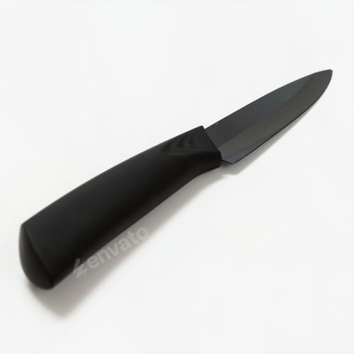 Preview: Black Kitchen Knife On A White Background. Top View.