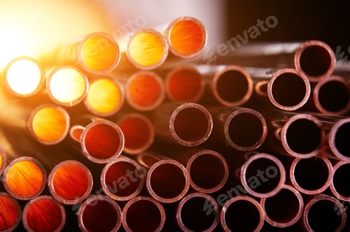 Preview: Many Copper Pipes, Warehouse Copper Plates. Close Up