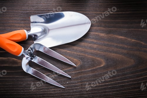 Preview: Gardening Metal Spade With Trowel Fork On Vintage Hardwood Surface Agricultural Concept.