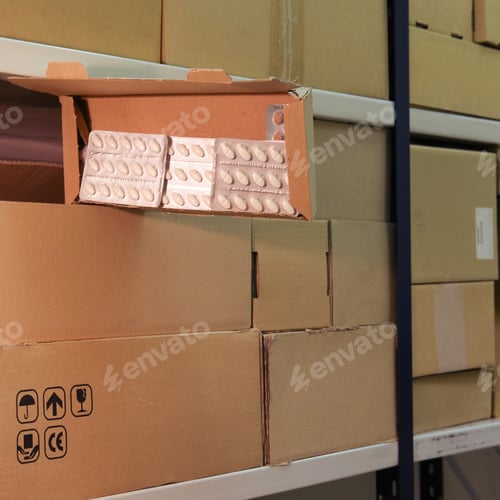 Preview: Open Box Of Medicines And Tablets In A Large Warehouse