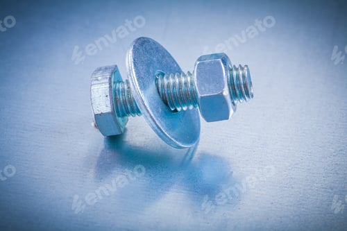 Preview: Threaded Screwbolt With Bolt Washer And Screw Nut On Metallic Background Construction Concept