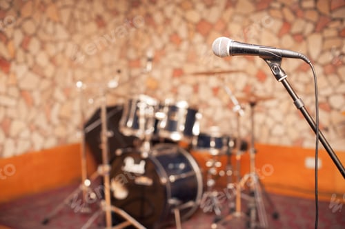 Preview: Microphone In Music Studio, Stage With Out Of Focus Drums In Background