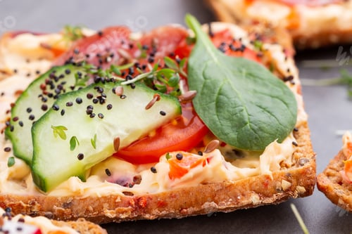 Preview: Sandwiches With Cream Cheese, Vegetables And Salami. Sandwiches With Cucumber, Radish, Tomatoes