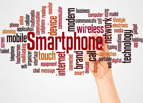 Preview: Smartphone Word Cloud And Hand With Marker Concept On White Background.