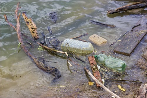 Preview: Plastic Bottles And Garbage Waste On The Shore Of A River. Selective Focus.
