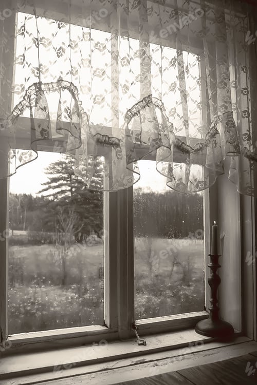 Preview: Green Candle In Vintage Copper Candle Holder On Wooden Table Near The Window In Country House