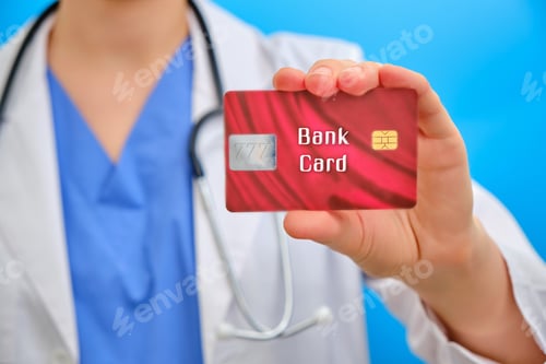 Preview: A Female Doctor Holds A Bank Card, Close-Up. A Nurse In Medical Dress With A Red Credit Card On A