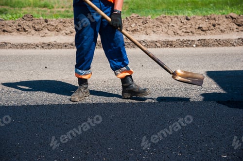 Preview: Workers On A Road Construction, Industry And Teamwork, New Asphalt