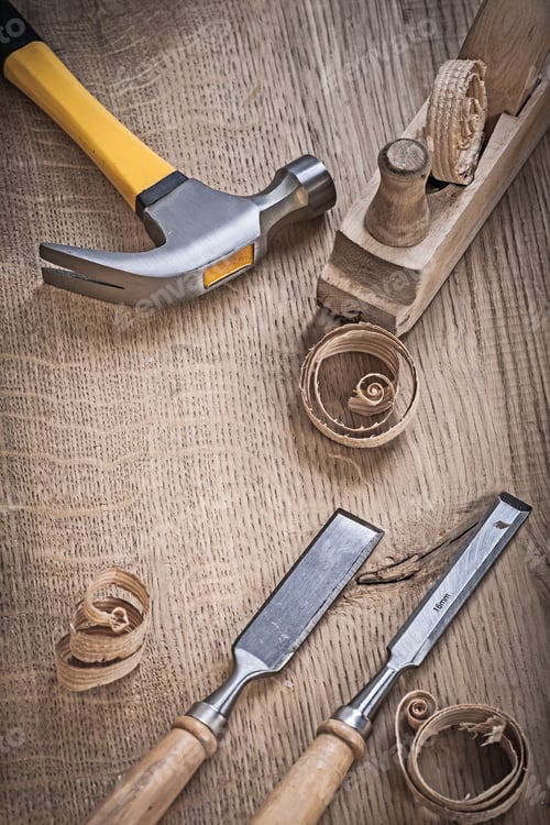 Preview: Hammer Planner Chissels Shavings On Wood.