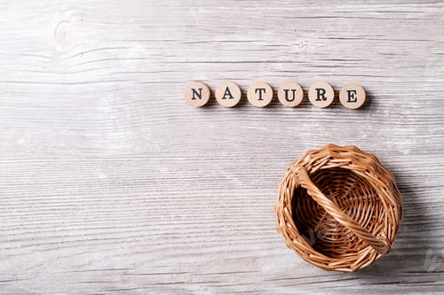 Preview: Word Nature Made From Wooden Letters Over Gray Wooden Background. Top View, Flat Lay. Copy Space
