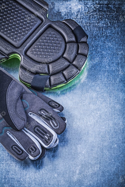 Preview: Set Of Gardening Safety Gloves Knee Protectors On Metallic Background Agriculture Concept.