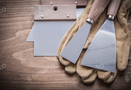 Preview: Two Paint Scrapers Putty Knifes Working Gloves.