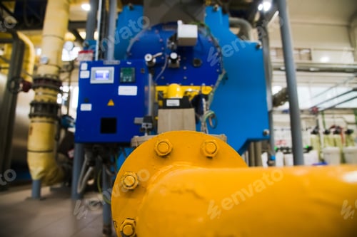 Preview: Closeup Of Manometer, Pipes And Faucet Valves Of Heating System In An Industrial Boiler Room. City