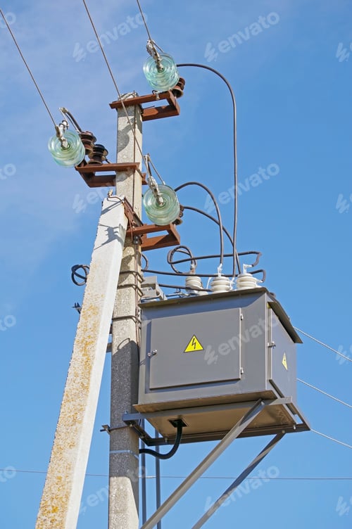 Preview: Electric Tower High Voltageand High Voltage Transformer Against The Sky