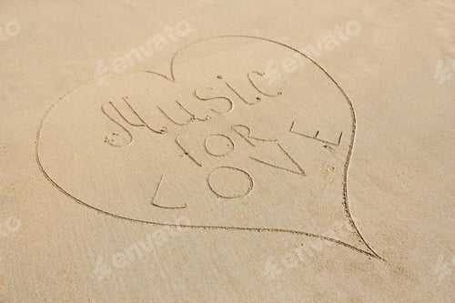 Preview: The Inscription Music For Love Is Drawn On The Sand And Is Surrounded By The Heart. Heart On The