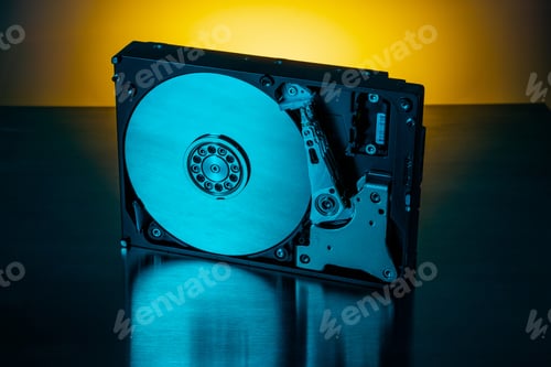 Preview: Inside Of Hard Disk Drive On The Metal Brushed Background.