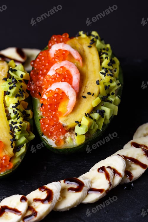Preview: Avocado With Banana Caviar Shrimp And Canned Tuna