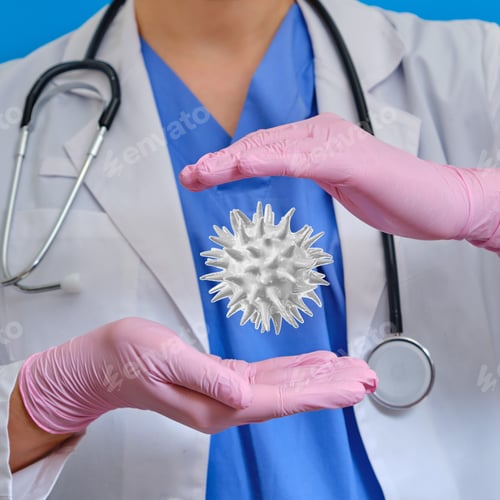 Preview: The Nurse Holds Her Hands In Protective Gloves One Above The Other With The Virus In The Middle. A