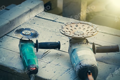 Preview: Grinding tools and construction equipment on wood surface