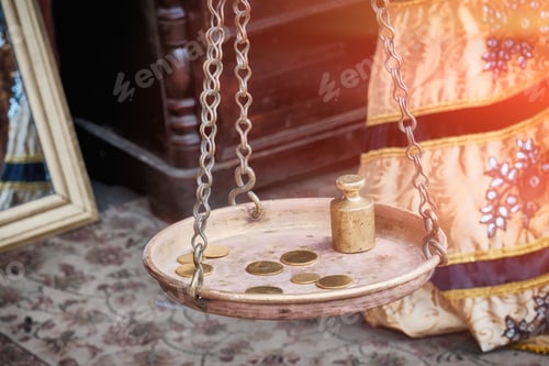 Preview: Retro Money With A Weight On The Scale. Large Scale Bowl Hanging On Chains. Ancient Interior Inside