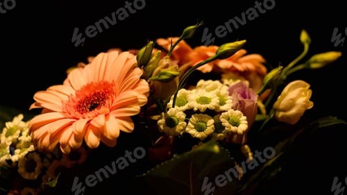 Preview: Flower Puget, Pink Gerberas, Blue Roses, Daisies On Abstract Dark Background