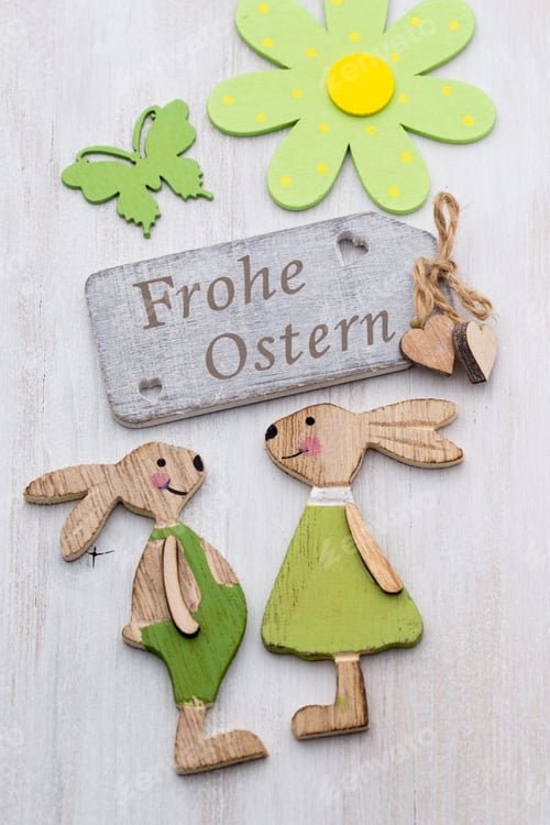 Preview: Spring And Easter Decor. Wooden Symbols Bunny, Flowers And Butterflies.