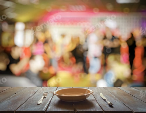 Preview: Empty Plate With Fork And Knife On Wooden Table In The Club