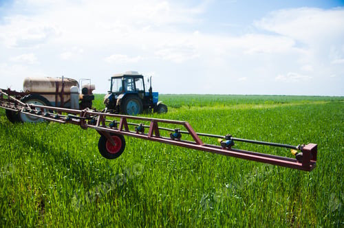 Preview: Tractor Spraying Pesticides Wheat Field With Sprayer At Spring