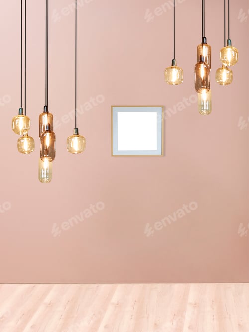Preview: Illuminated Glass Lamps Hanging in a Room Interior
