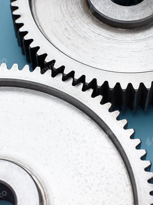 Preview: Two Metal Gears On Blue Background. Conceptual Studio Image. Close-Up.