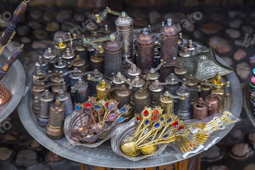 Preview: Traditional Manual Coffee Grinders At Souvenirs Store In Sarajevo, Bosnia And Herzegovina. Old