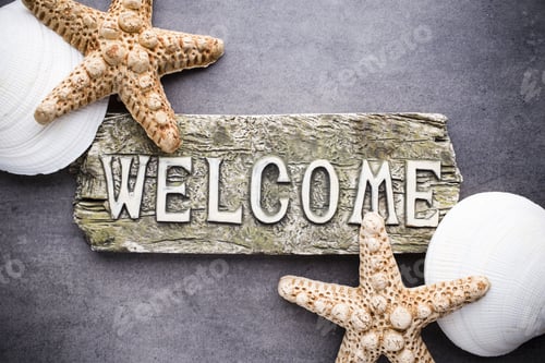 Preview: Inscription Welcome Marine Accessories, Starfish, Shells.