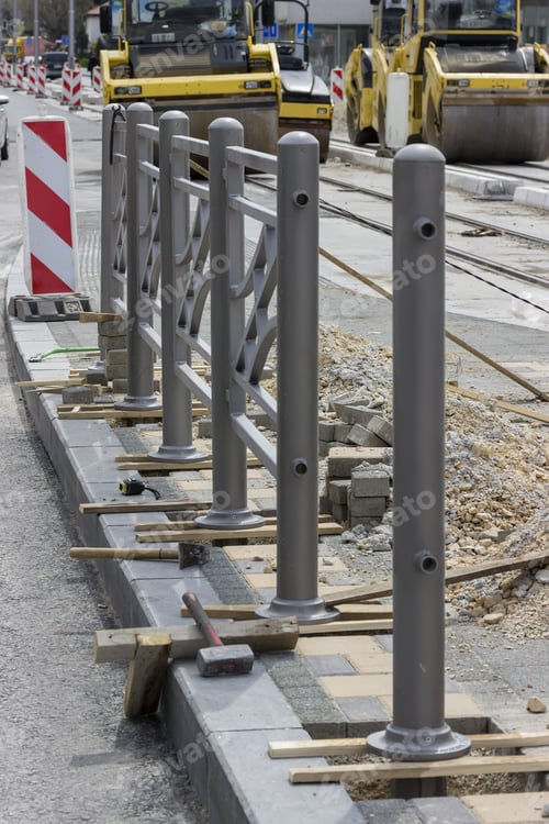 Preview: Install Street Protective Fence. Street Reconstruction, Fence Installation. Selective Focus And