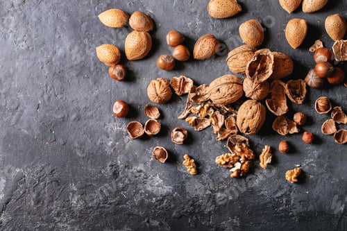 Preview: Varieties Of Nuts: Almonds, Hazelnuts And Walnuts Over Dark Texture Background. Top View, Flat Lay
