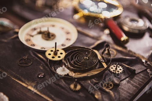 Preview: Macro Close-Up Of Clock Machinery Inside With Steel Gears Selective Focus