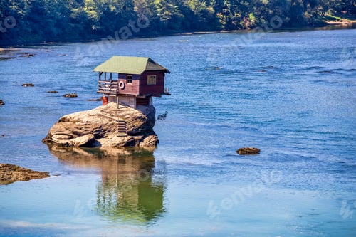 Preview: Wooden House On The Rock In The Middle Of The Drina River, Near The Town Of Bajina Basta, Serbia.