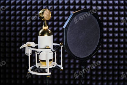 Preview: Microphone Gold And White Colors On The Background Of The Recording Studio. Professional Microphone